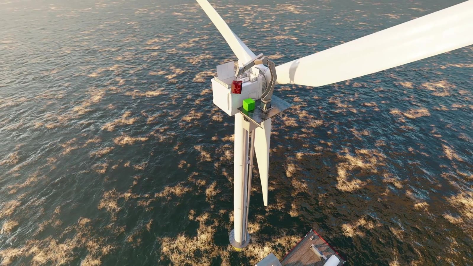 Render of the ORCA LIFT platform at the nacelle of an offshore turbine, carrying a component for exchange in place.